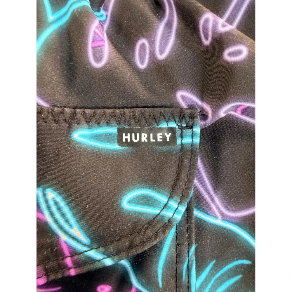 Hurley Mens Small Board Shorts Neon Tropical Leaf Print Black Blue Purple Swim